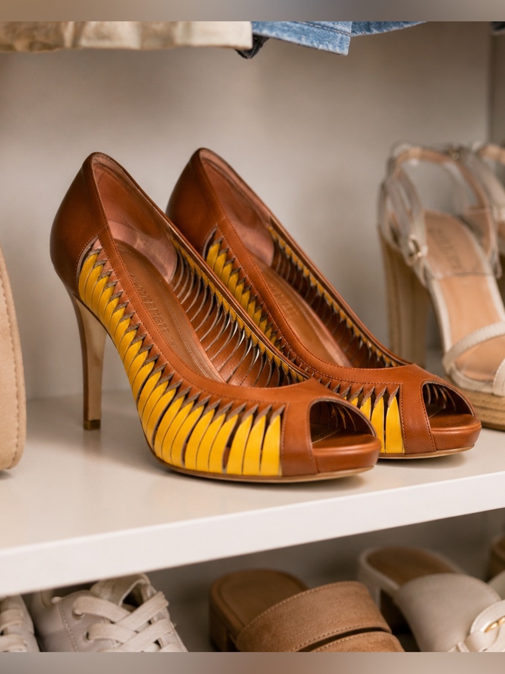 👠✨ Alexander McQueen Brown & Yellow Laser Cutout Peep Toe Heels | EU 39 / US 8.5